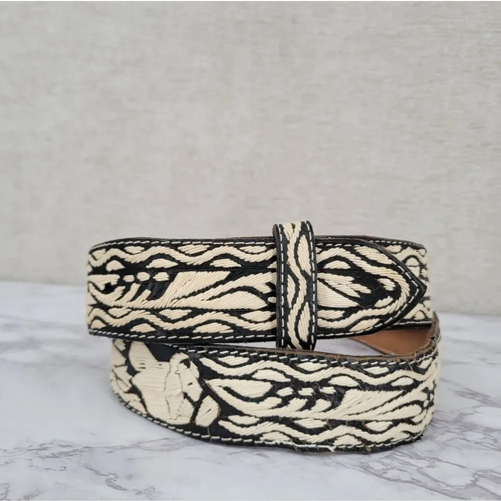 Black and Cream Embroidered Belt Mexico Western Cowboy Leather